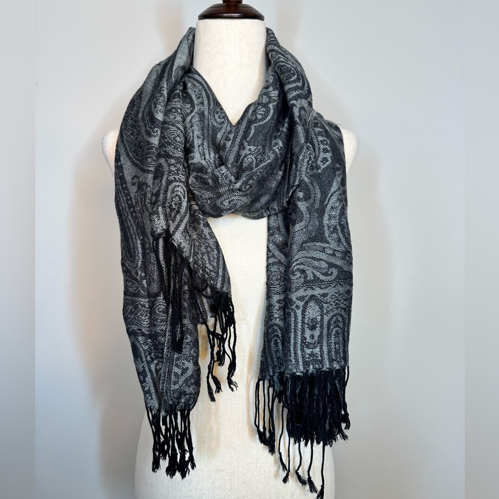 Paisley grey and black fringe rectangular 72” x 27” very soft